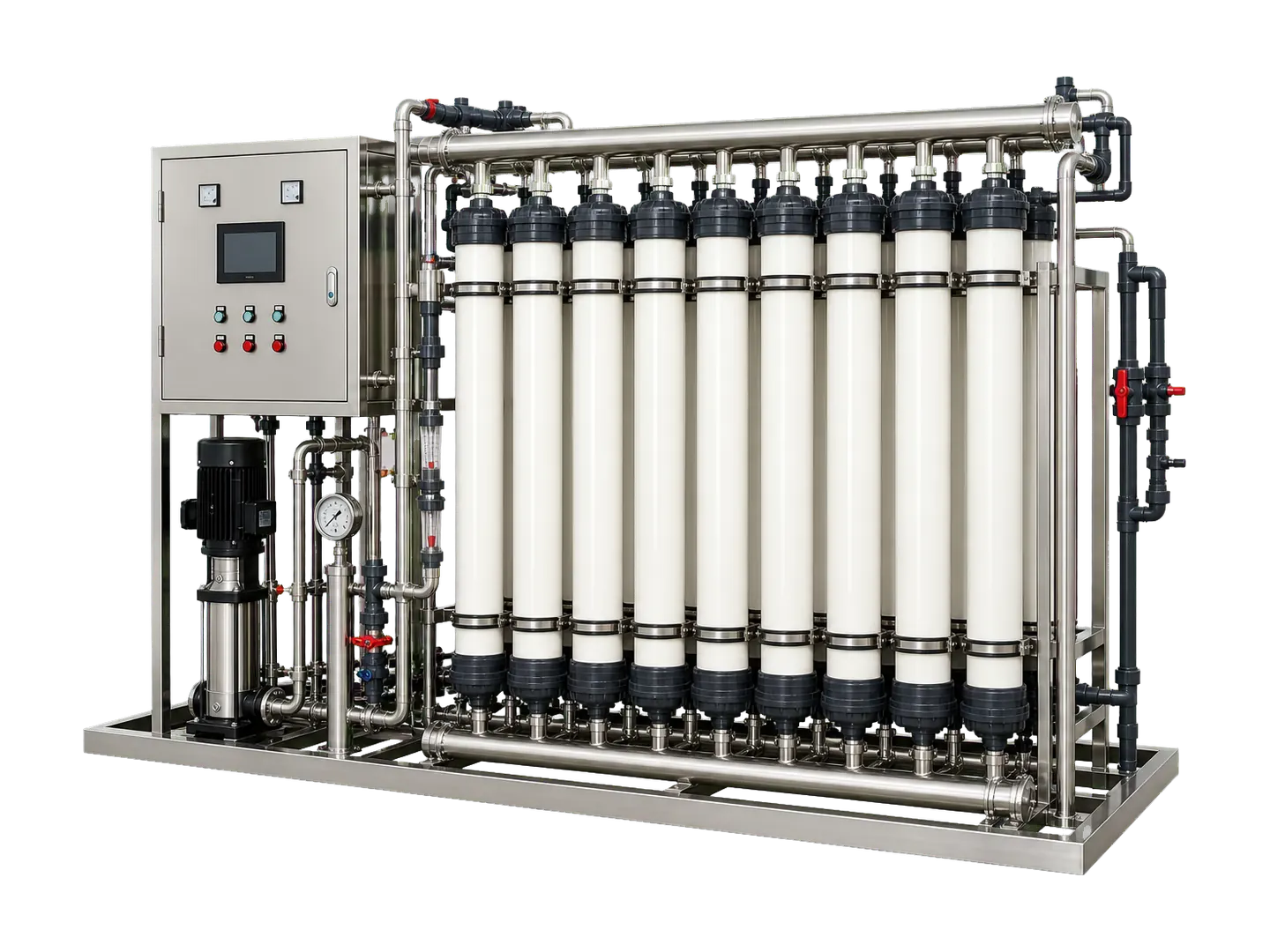 UF ultrafiltration water treatment skid with vertical membrane modules and pump frame